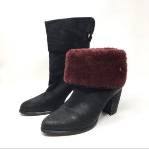 UGG Black/Cabernet Layna Genuine Leather Shearling Cuff Leather BOOTS Size 8.5